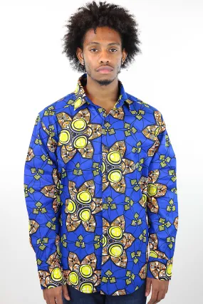 African Print Mens Shirt Button-Up Royal Geometric Floral Print