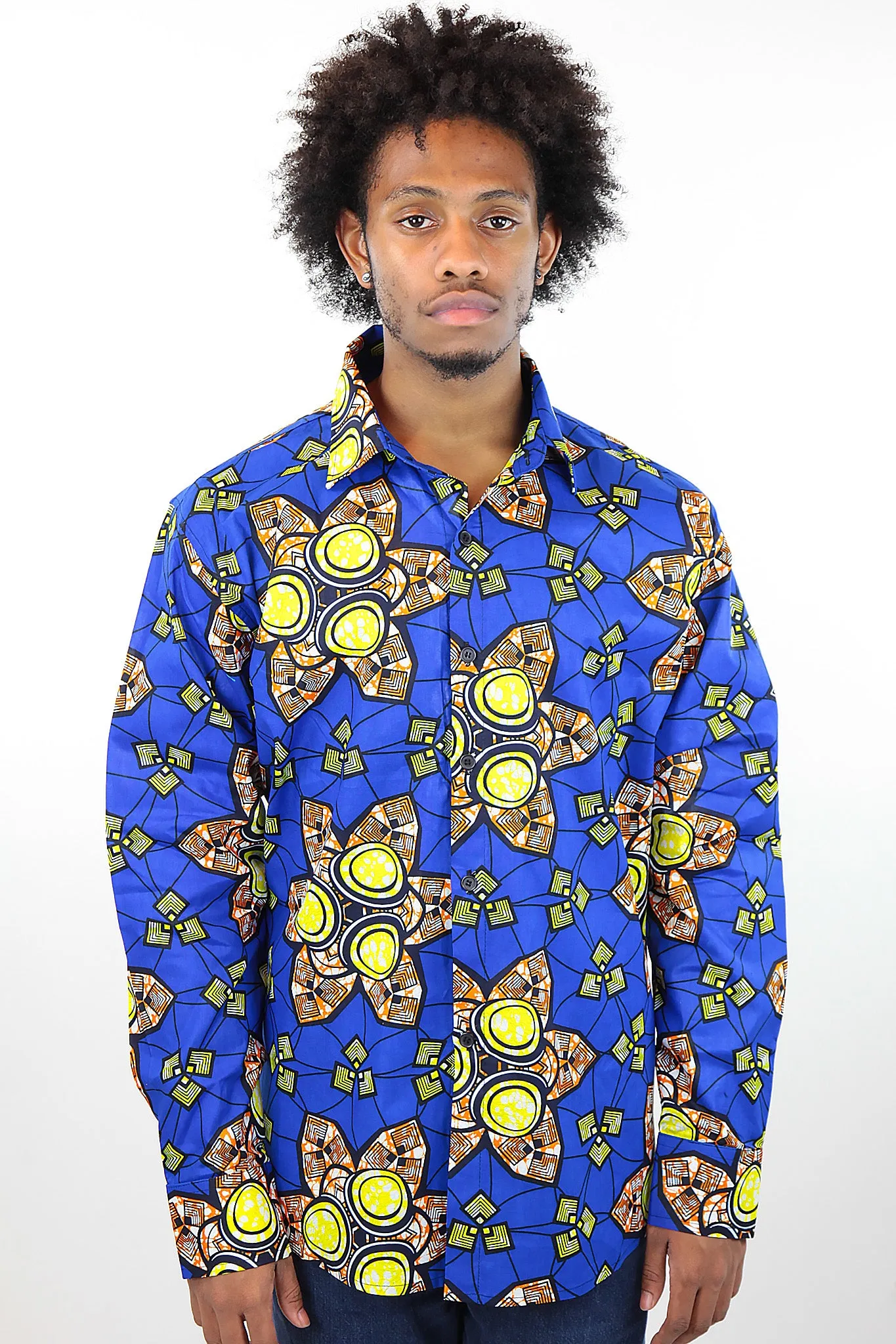 African Print Mens Shirt Button-Up Royal Geometric Floral Print