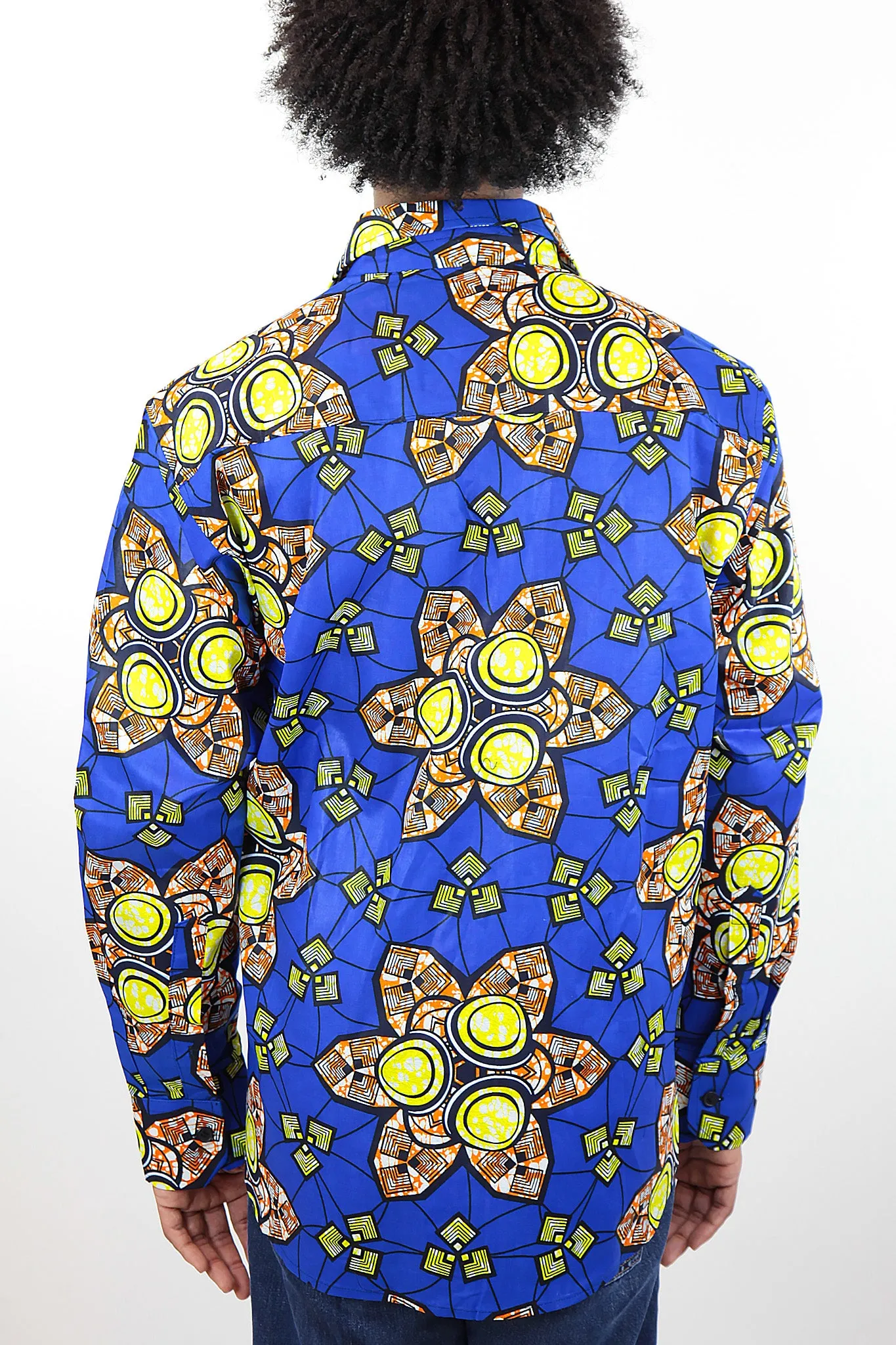 African Print Mens Shirt Button-Up Royal Geometric Floral Print