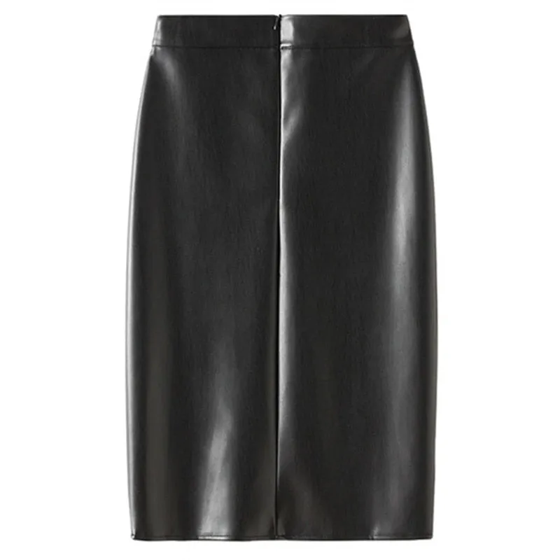 Black Front Split PU Leather Pencil Skirt Bodycon Fashion Elegant Knee Length Skirt