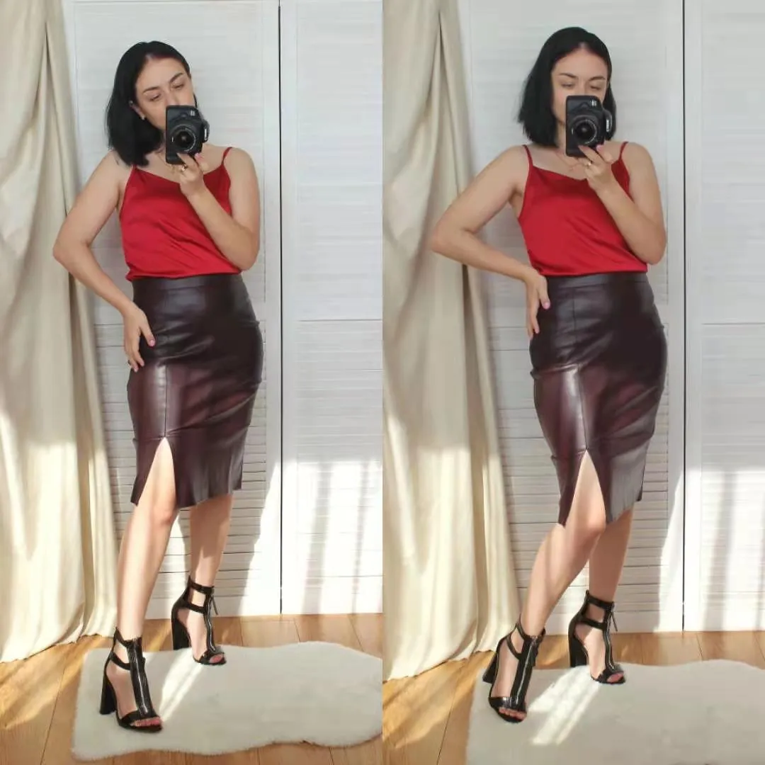 Black Front Split PU Leather Pencil Skirt Bodycon Fashion Elegant Knee Length Skirt