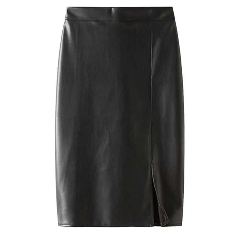 Black Front Split PU Leather Pencil Skirt Bodycon Fashion Elegant Knee Length Skirt
