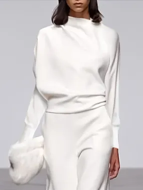 Chicmy-Long Sleeves Loose Solid Color Stand Collar T-Shirts Tops