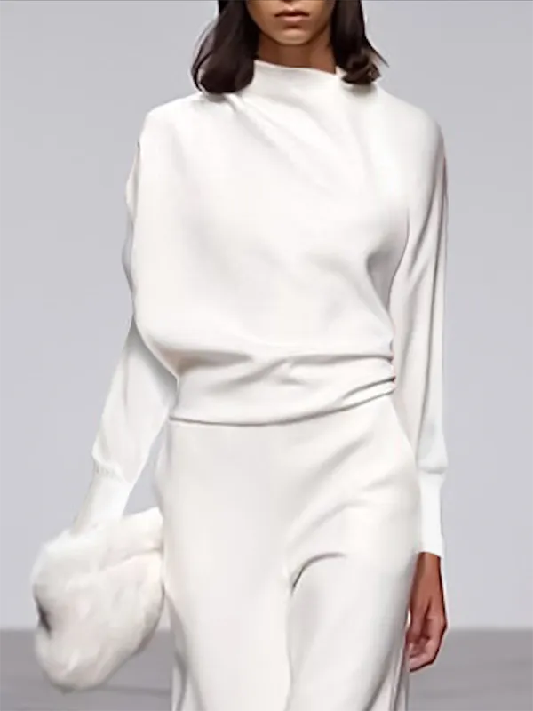 Chicmy-Long Sleeves Loose Solid Color Stand Collar T-Shirts Tops