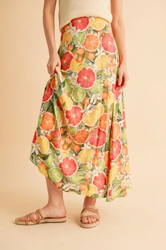 Citrus Print Flowy Maxi Skirt