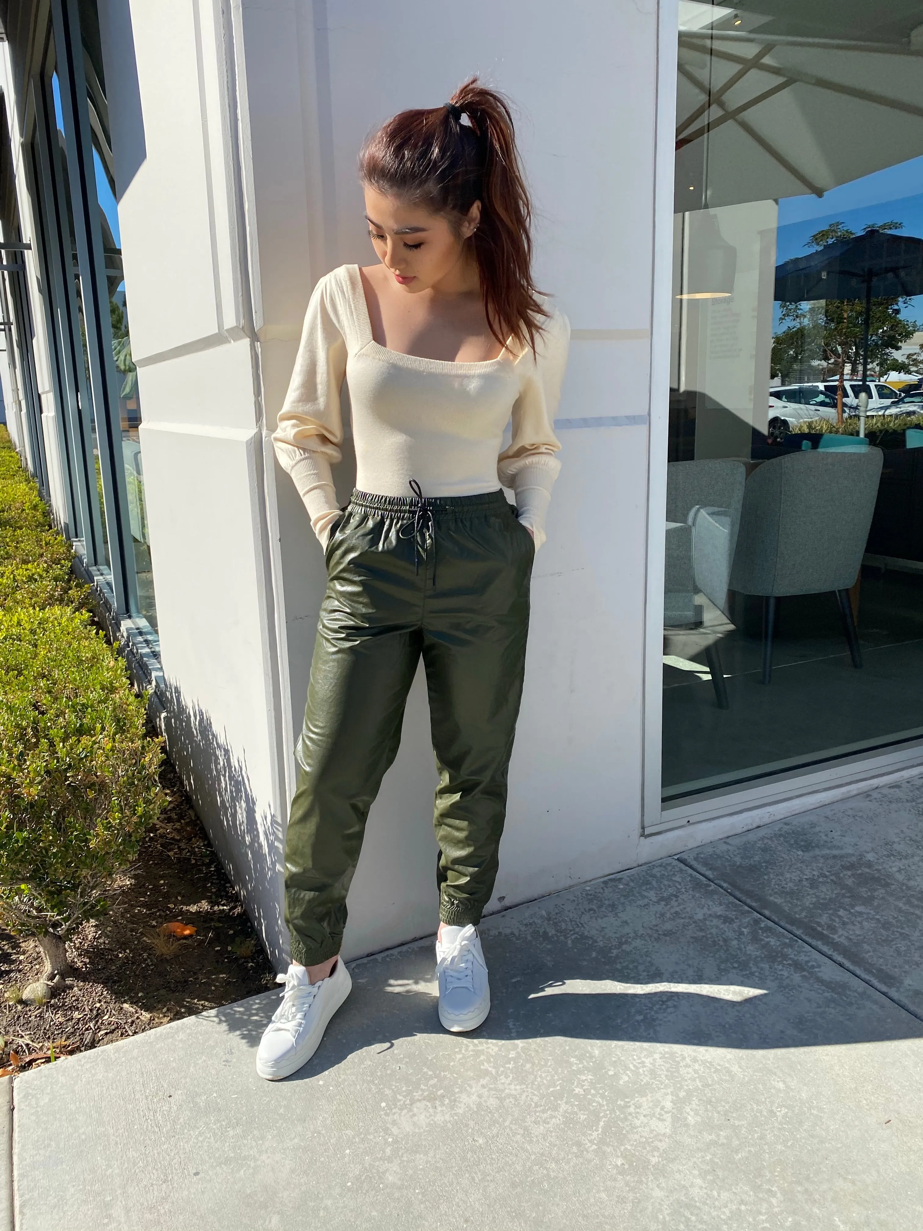 City Girl PU Joggers- Olive