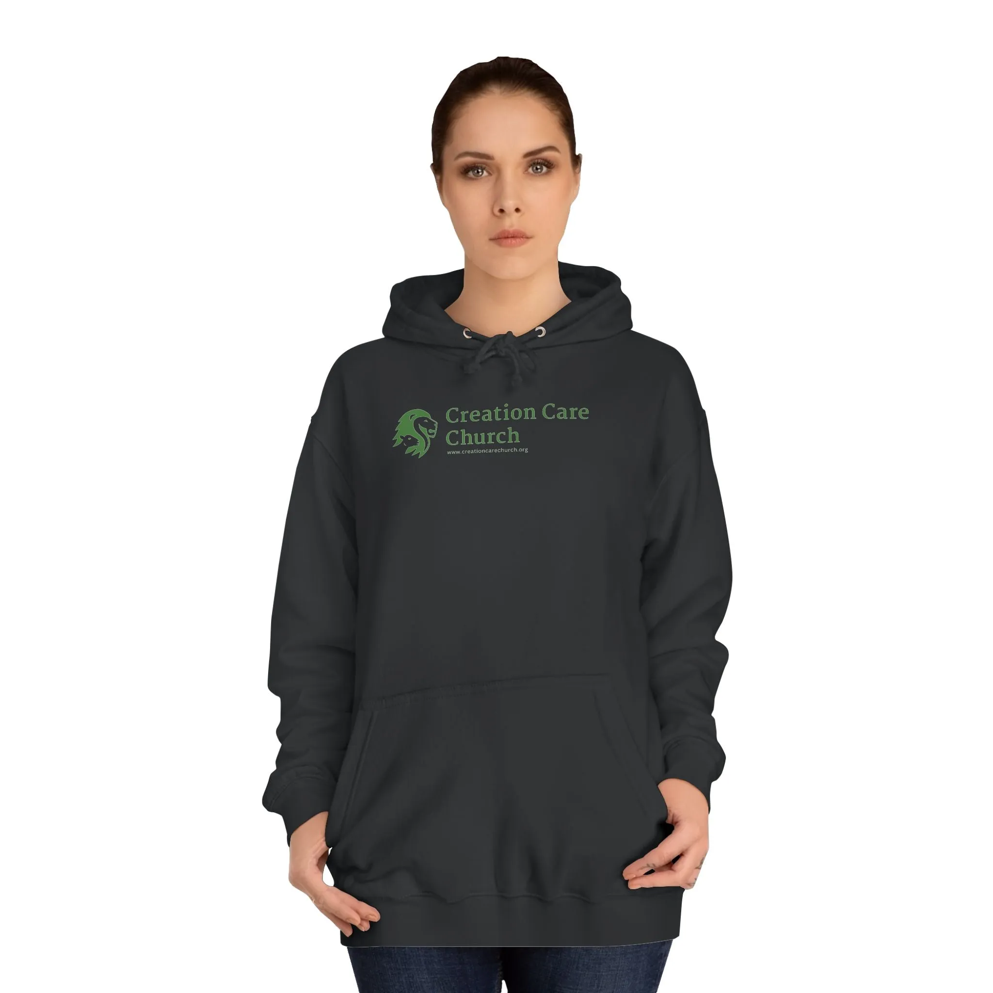 Creation Care Church - Green Logo front - Good News for All Creation back - Unisex College Hoodie