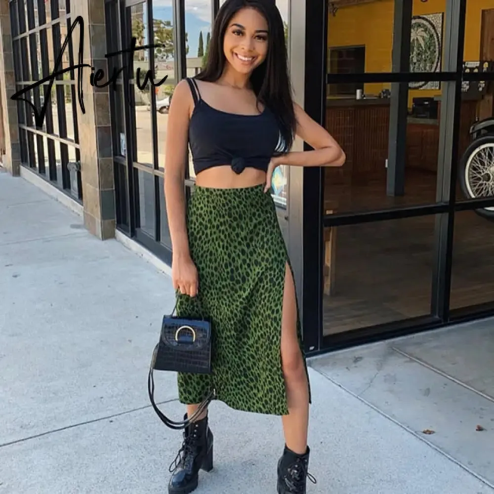 Fashion Skirt Women Cross-Border Women's Leopard Print Skirts Women High Waist Elastic Split midi A- line Skirt Streetwear