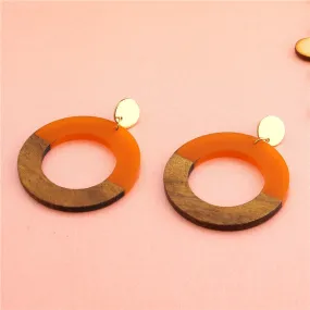 Gold Plated Circular Shape Resin &amp; Wood Drop Earring