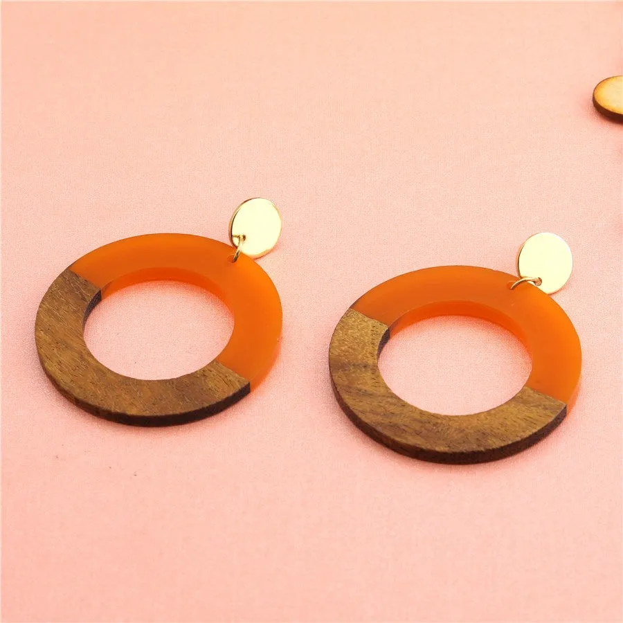 Gold Plated Circular Shape Resin &amp; Wood Drop Earring