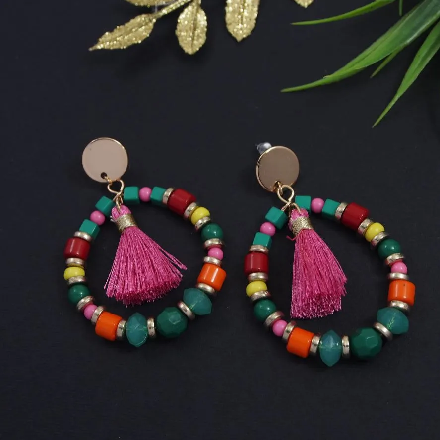 Gold Plated Multi Beads Tassel Western Drop Earring