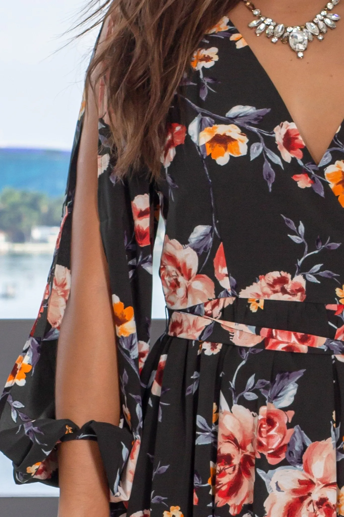 Green Poppy Printed Long Sleeve Maxi Dress