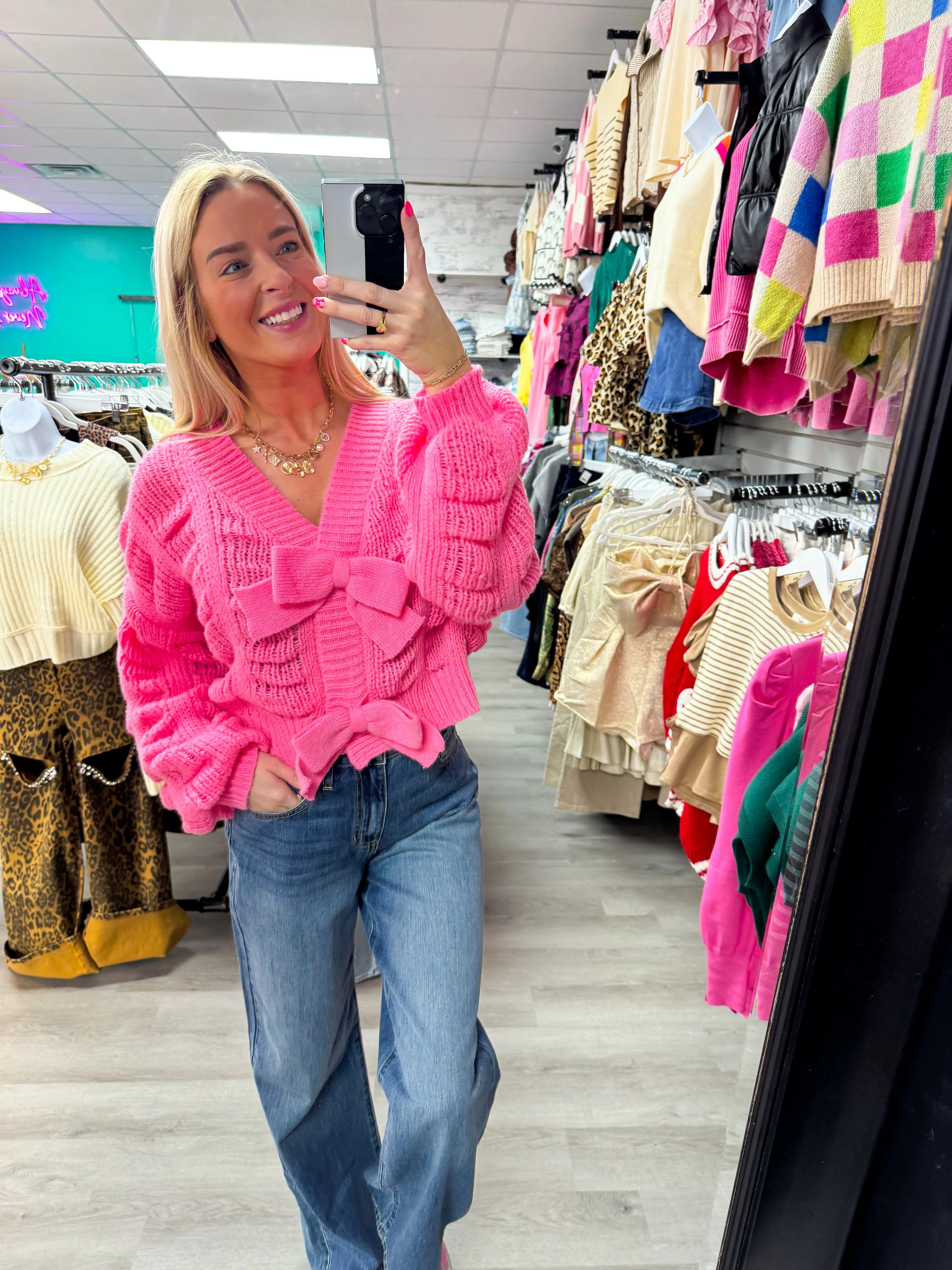 Just a Babe Cozy Pink Bow Knit Cardigan