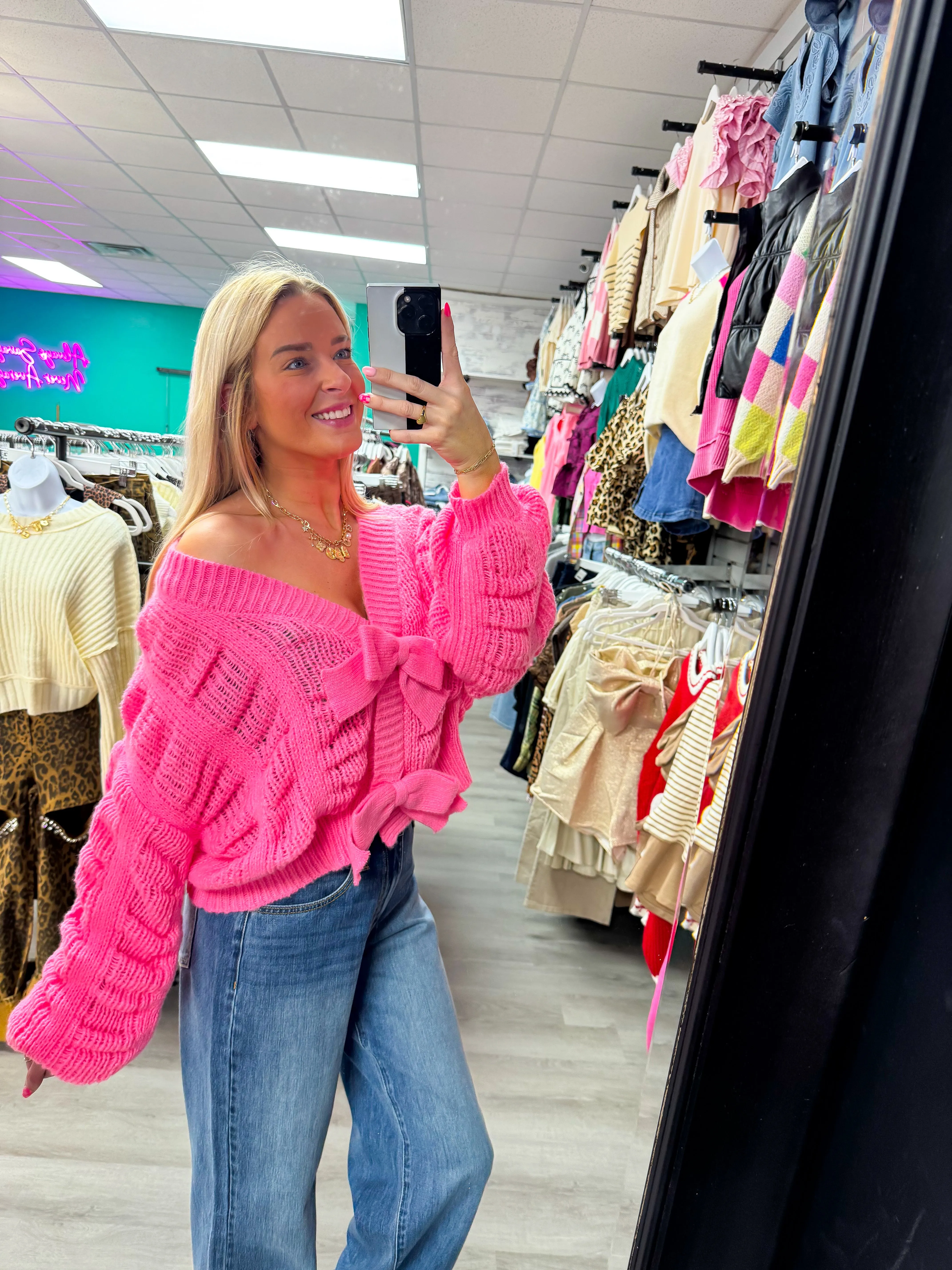 Just a Babe Cozy Pink Bow Knit Cardigan