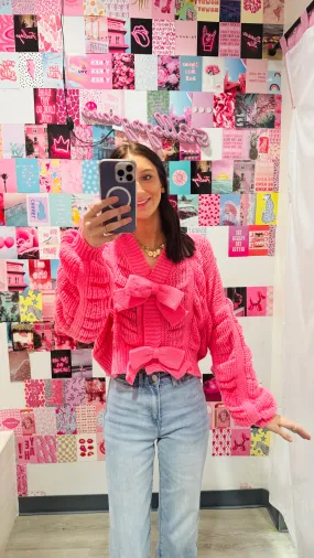 Just a Babe Cozy Pink Bow Knit Cardigan