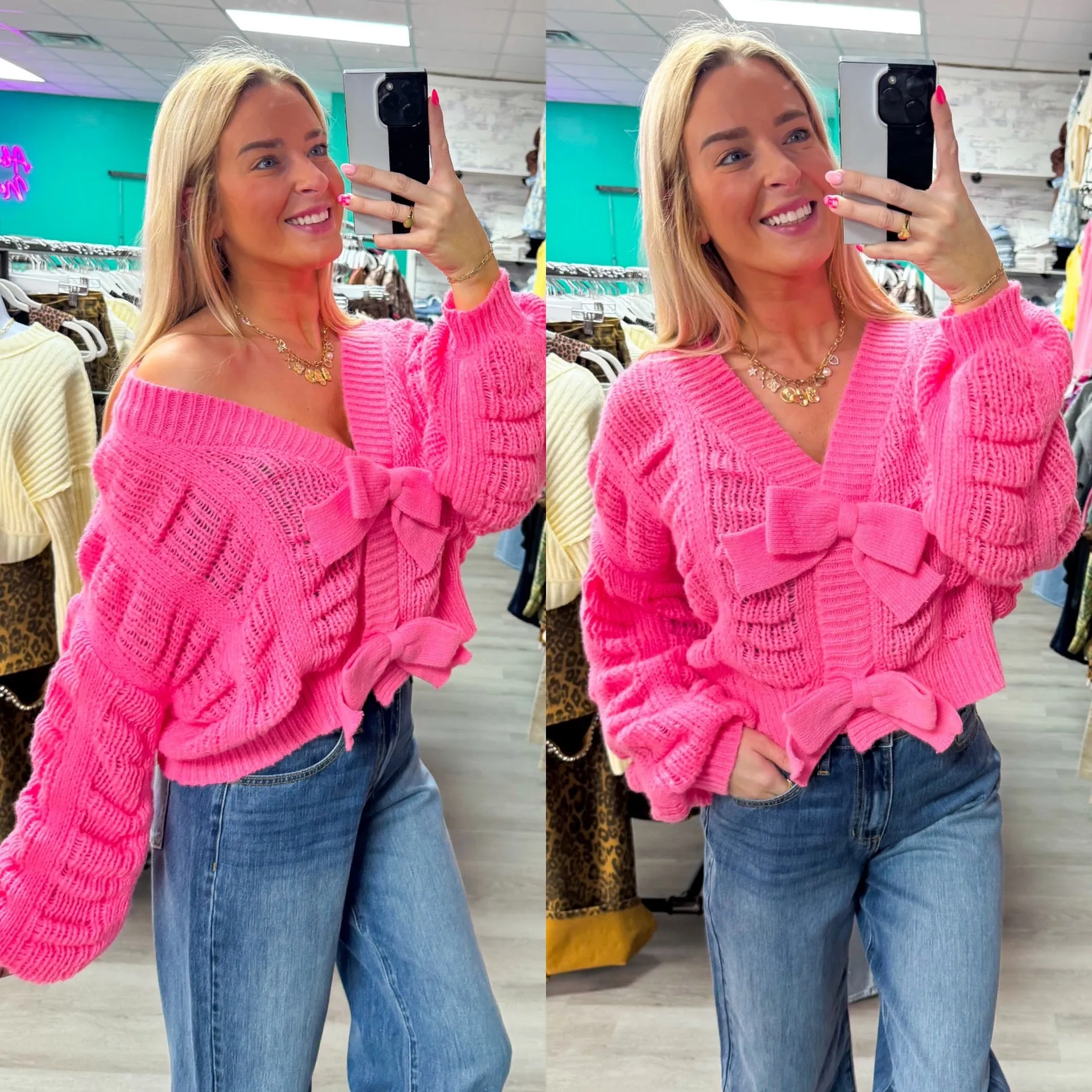 Just a Babe Cozy Pink Bow Knit Cardigan