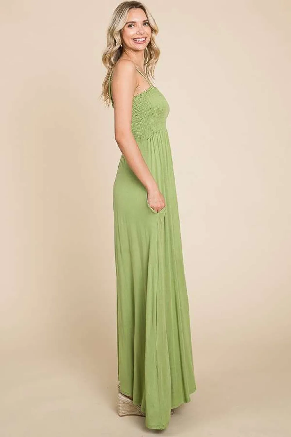 KESLEY Casual Olive Green Smocked Cami Maxi Dress with Pockets Long Summer Dresses