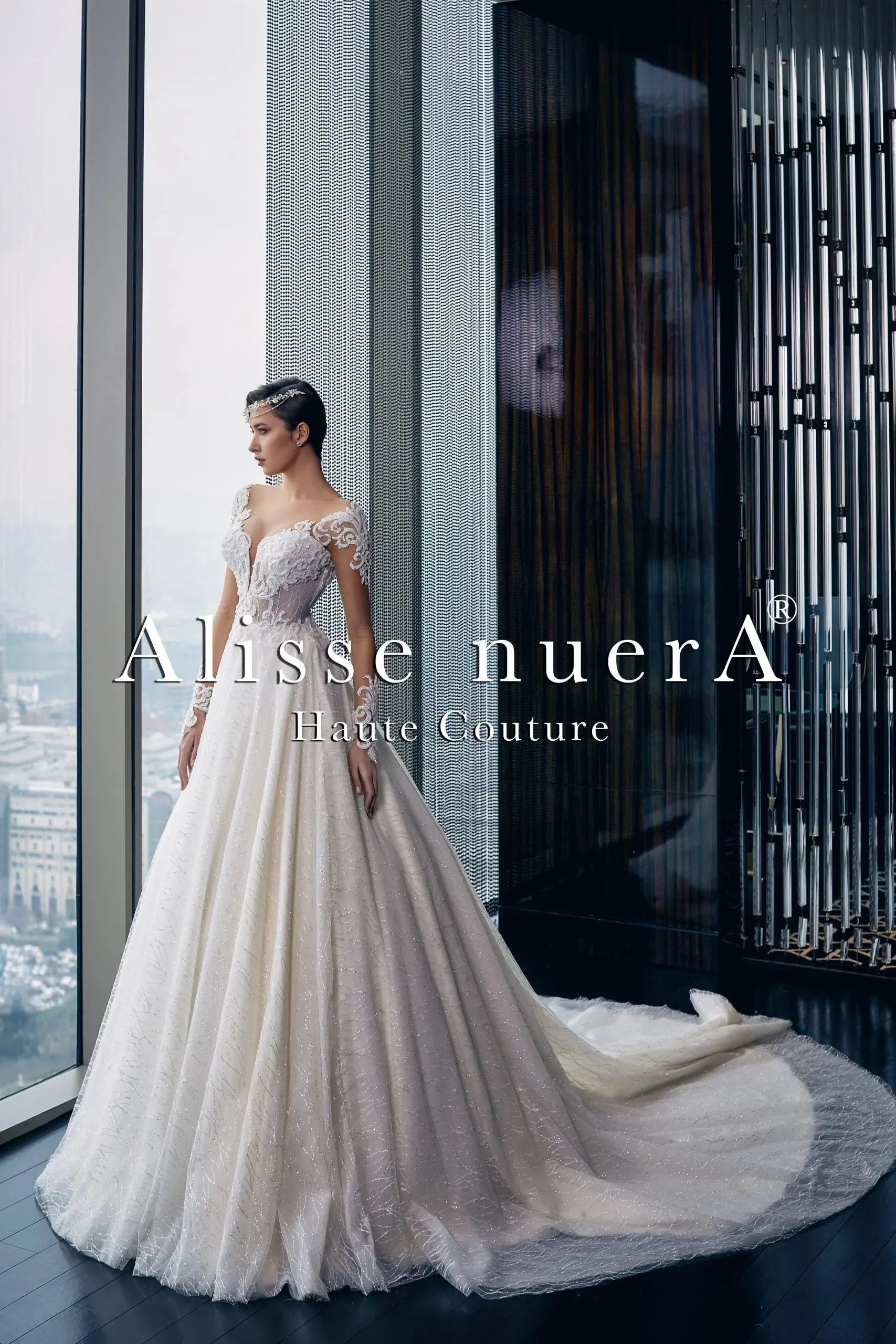 Lace Applique Transparent Sleeve A Line Sparkle Bridal Gown