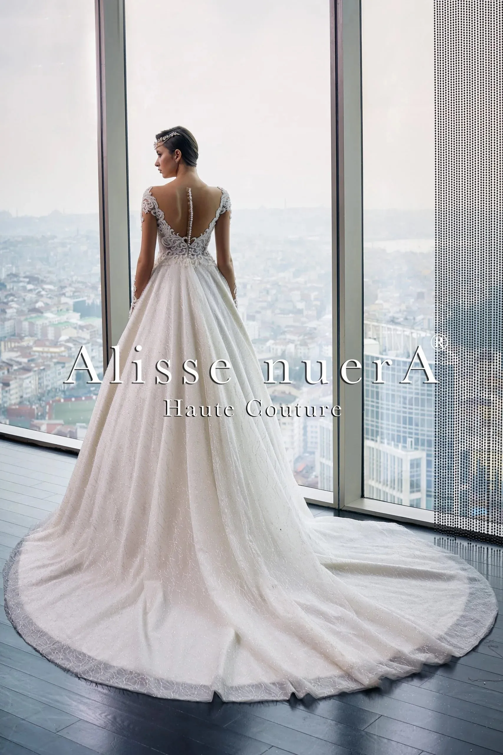 Lace Applique Transparent Sleeve A Line Sparkle Bridal Gown