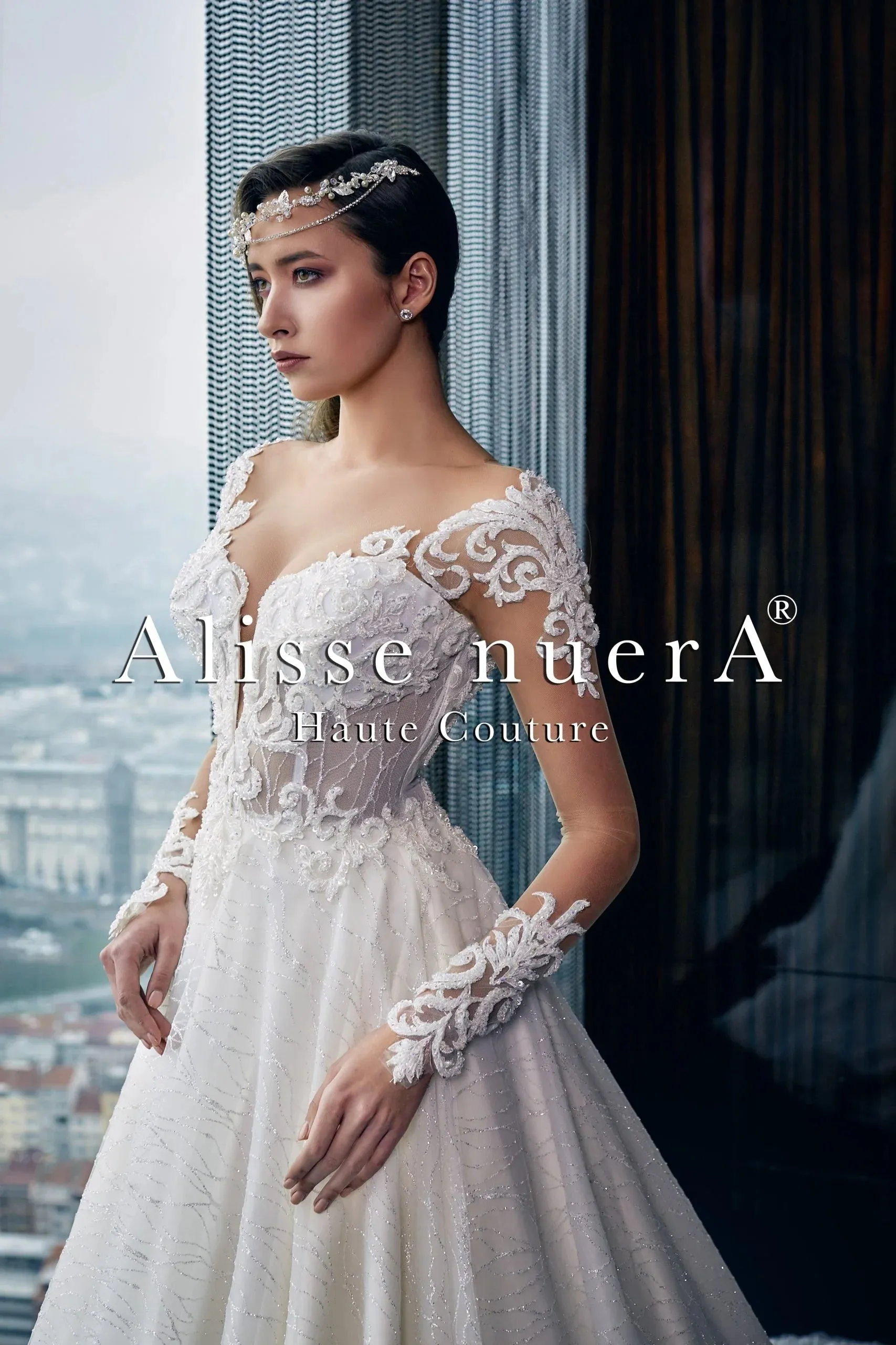 Lace Applique Transparent Sleeve A Line Sparkle Bridal Gown