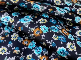 Lightweight  satin dobby fabric by the yard - Black teal dainty floral
