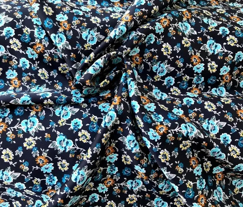 Lightweight  satin dobby fabric by the yard - Black teal dainty floral