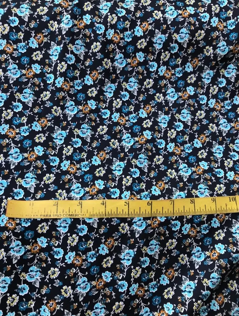 Lightweight  satin dobby fabric by the yard - Black teal dainty floral