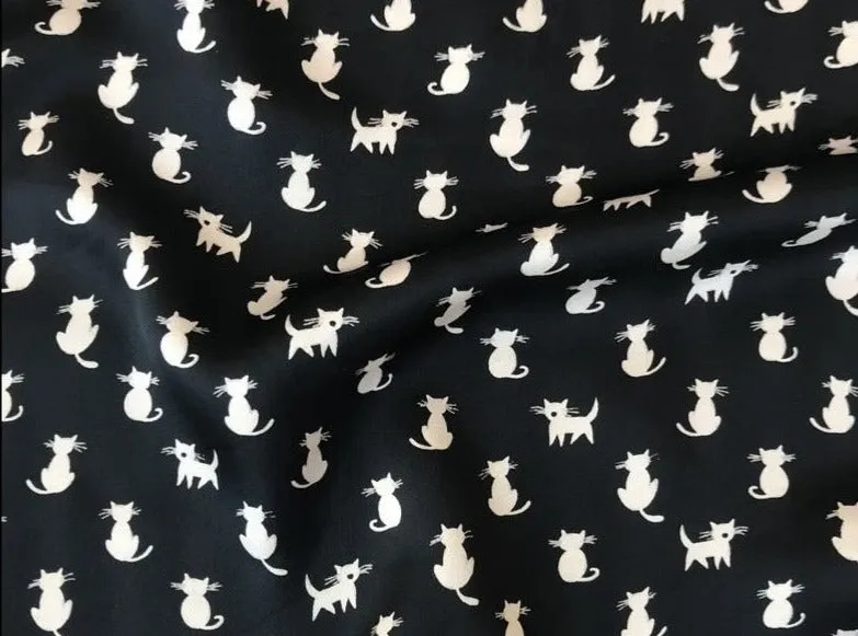 Lightweight  satin fabric by the yard - Black and gray cats print