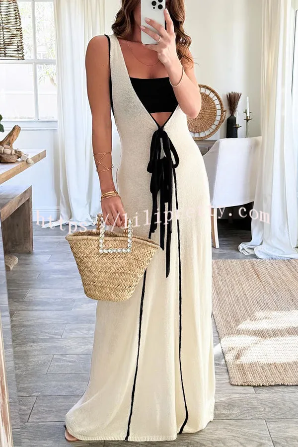 Lilipretty Boat Date Knit Contrast Self Tie Flowy Oversized Maxi Dress