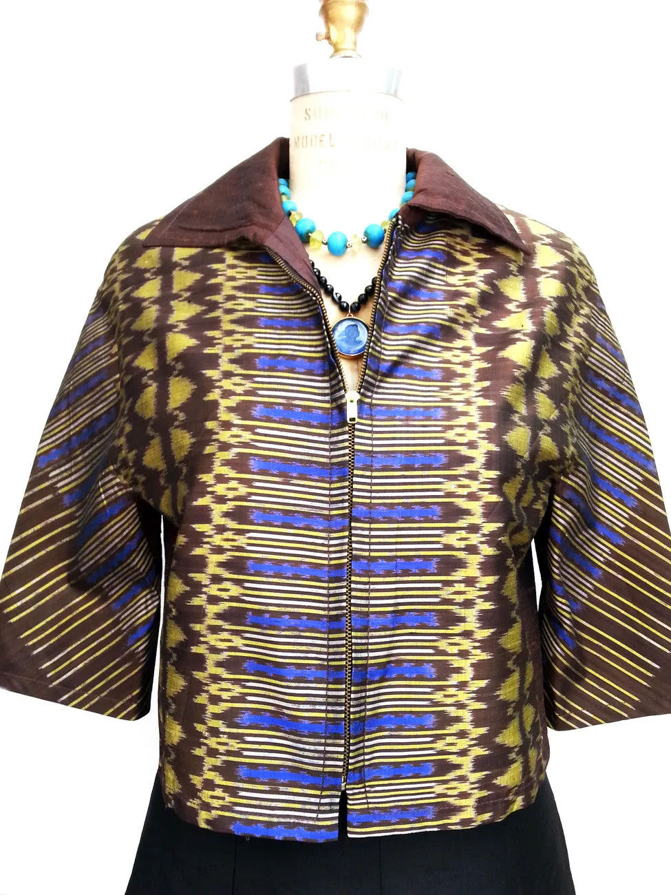 Modern Ikat Couture Cut Jacket Chocolate Cobalt Gold