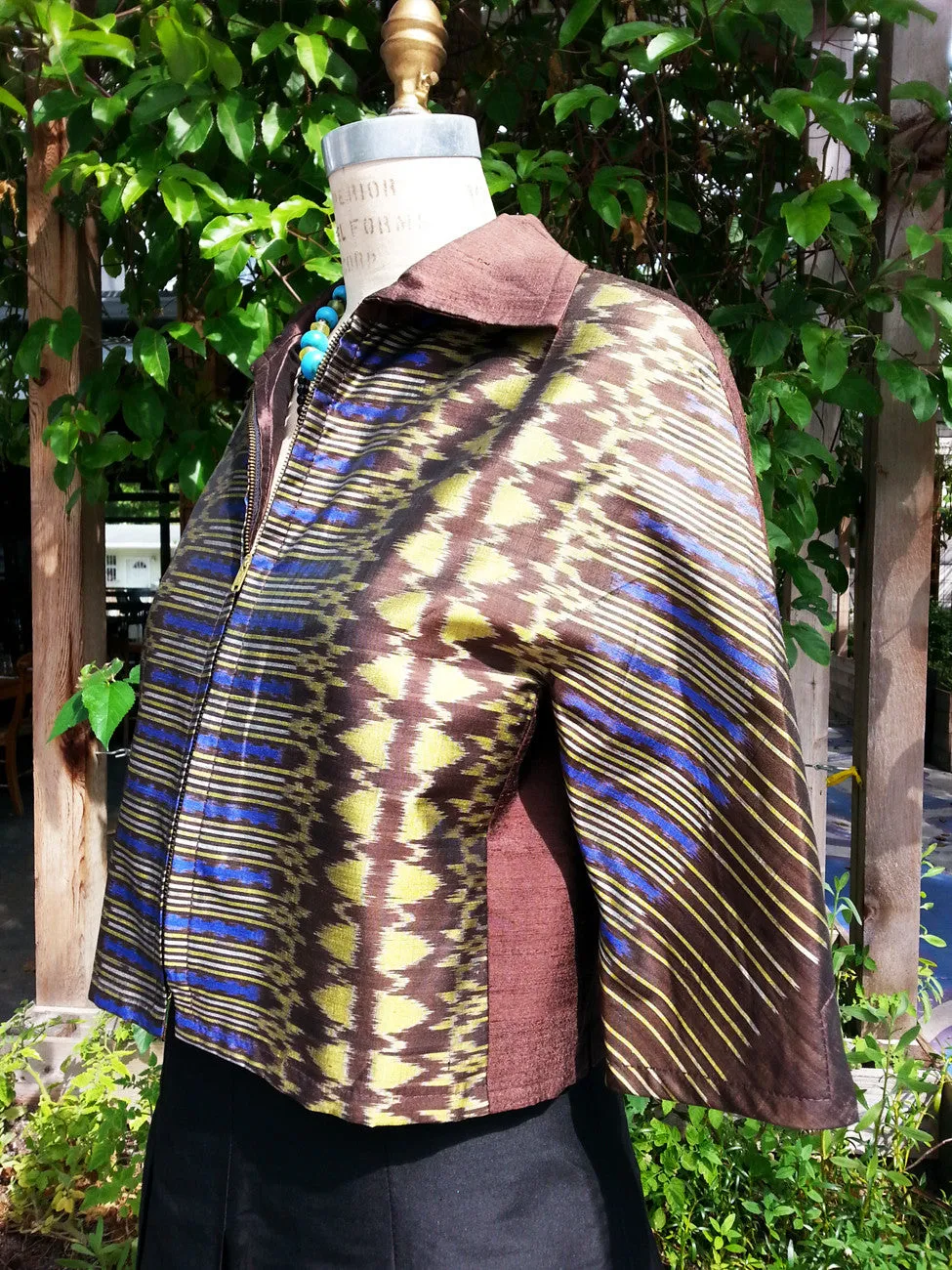 Modern Ikat Couture Cut Jacket Chocolate Cobalt Gold