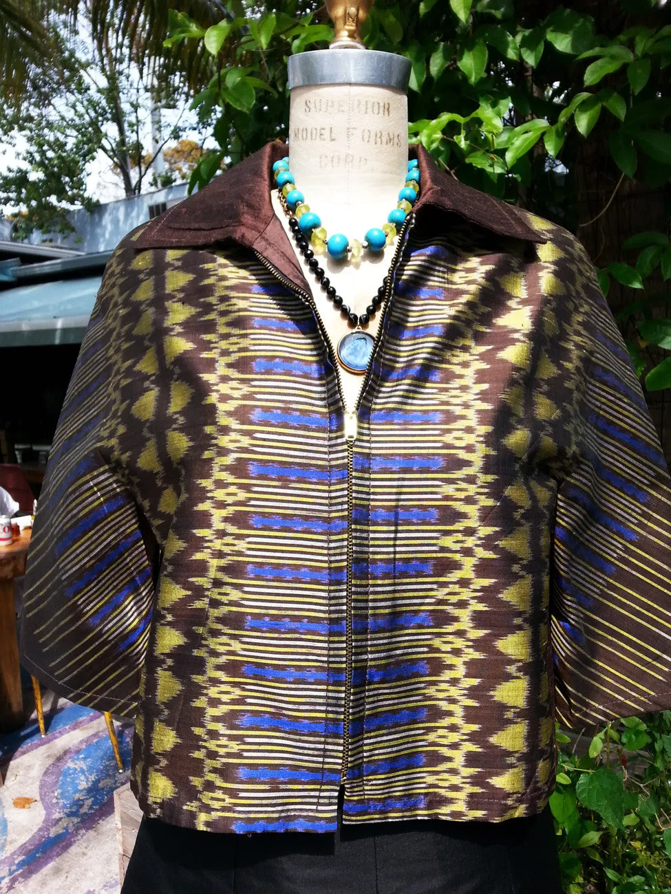 Modern Ikat Couture Cut Jacket Chocolate Cobalt Gold