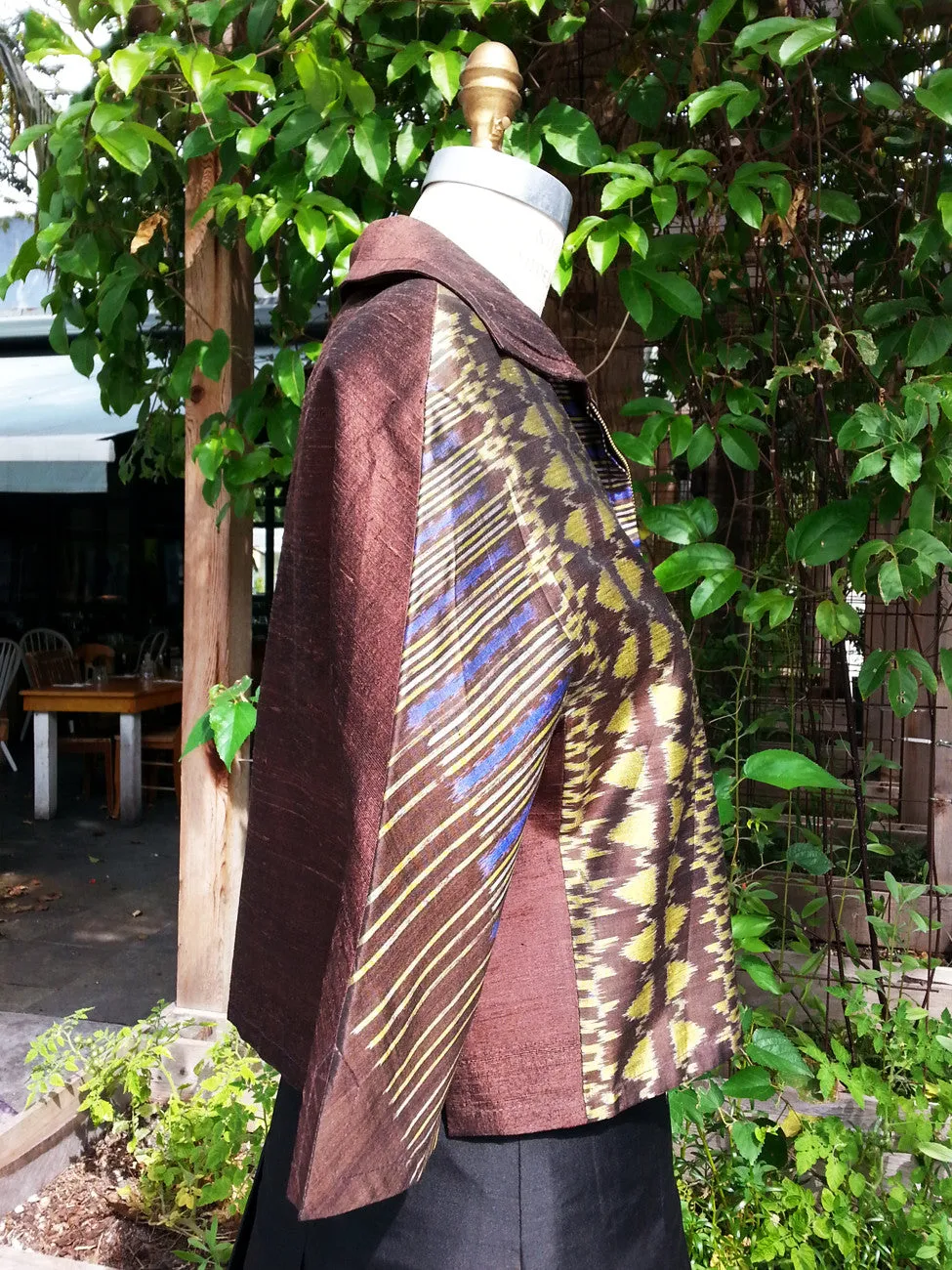 Modern Ikat Couture Cut Jacket Chocolate Cobalt Gold