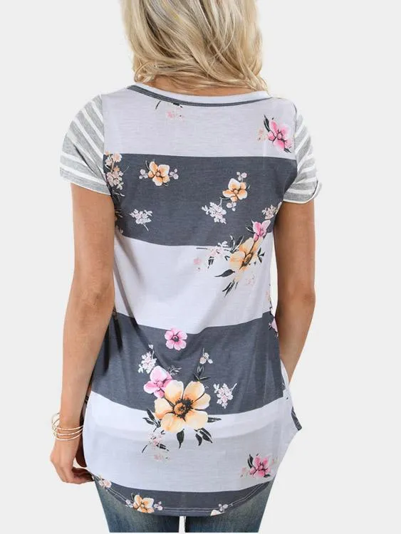 OEM ODM Round Neck Stripe Floral Print Short Sleeve T-Shirts