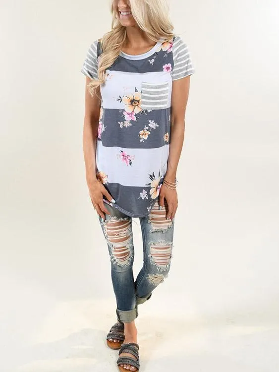 OEM ODM Round Neck Stripe Floral Print Short Sleeve T-Shirts