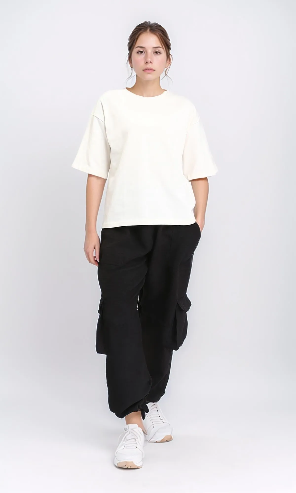 R209221 - Elbow Sleeves Solid Basic Tee - Off-White
