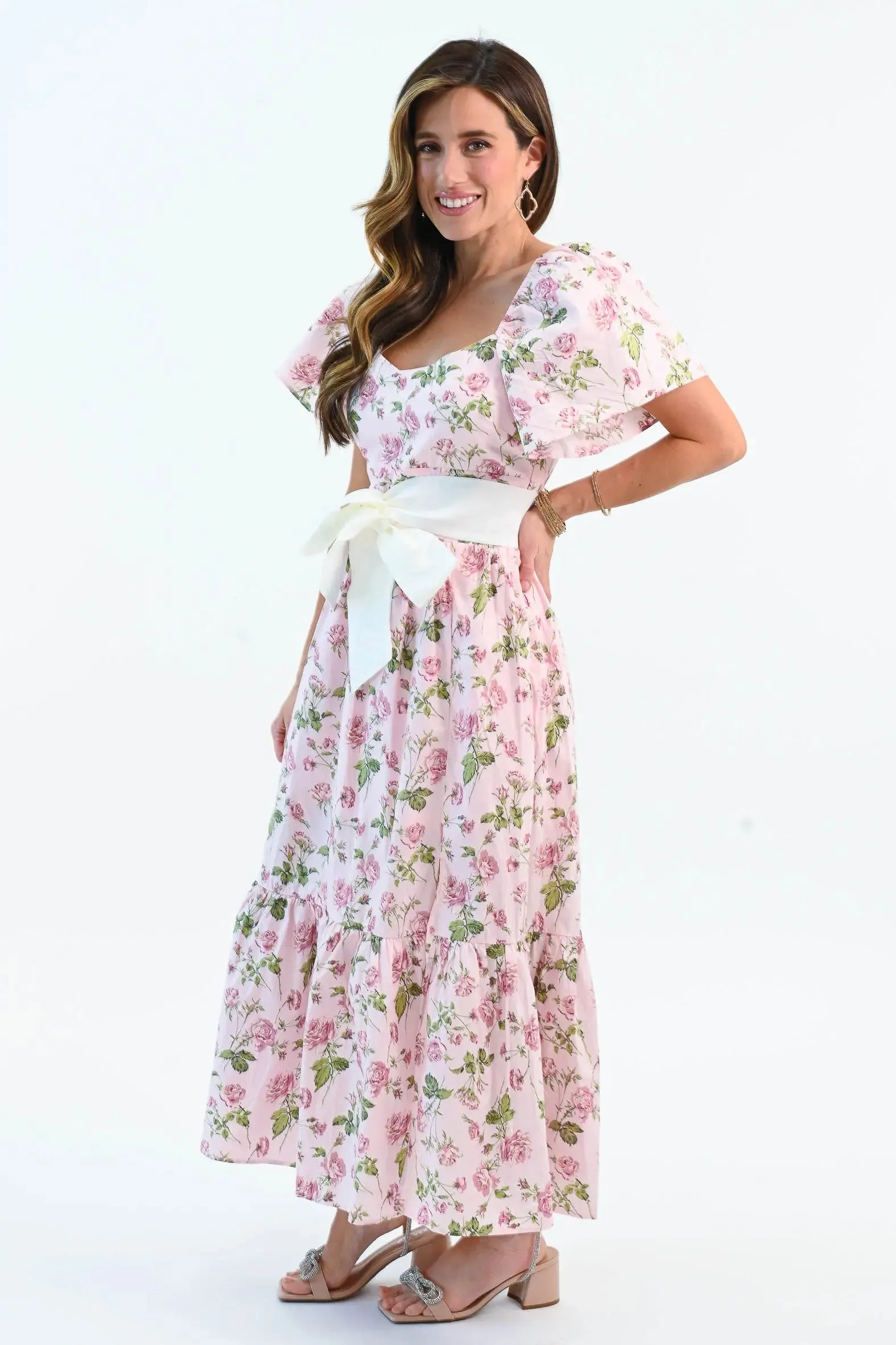 Sending You Love Bow Belt Floral Flutter Sleeve Dress