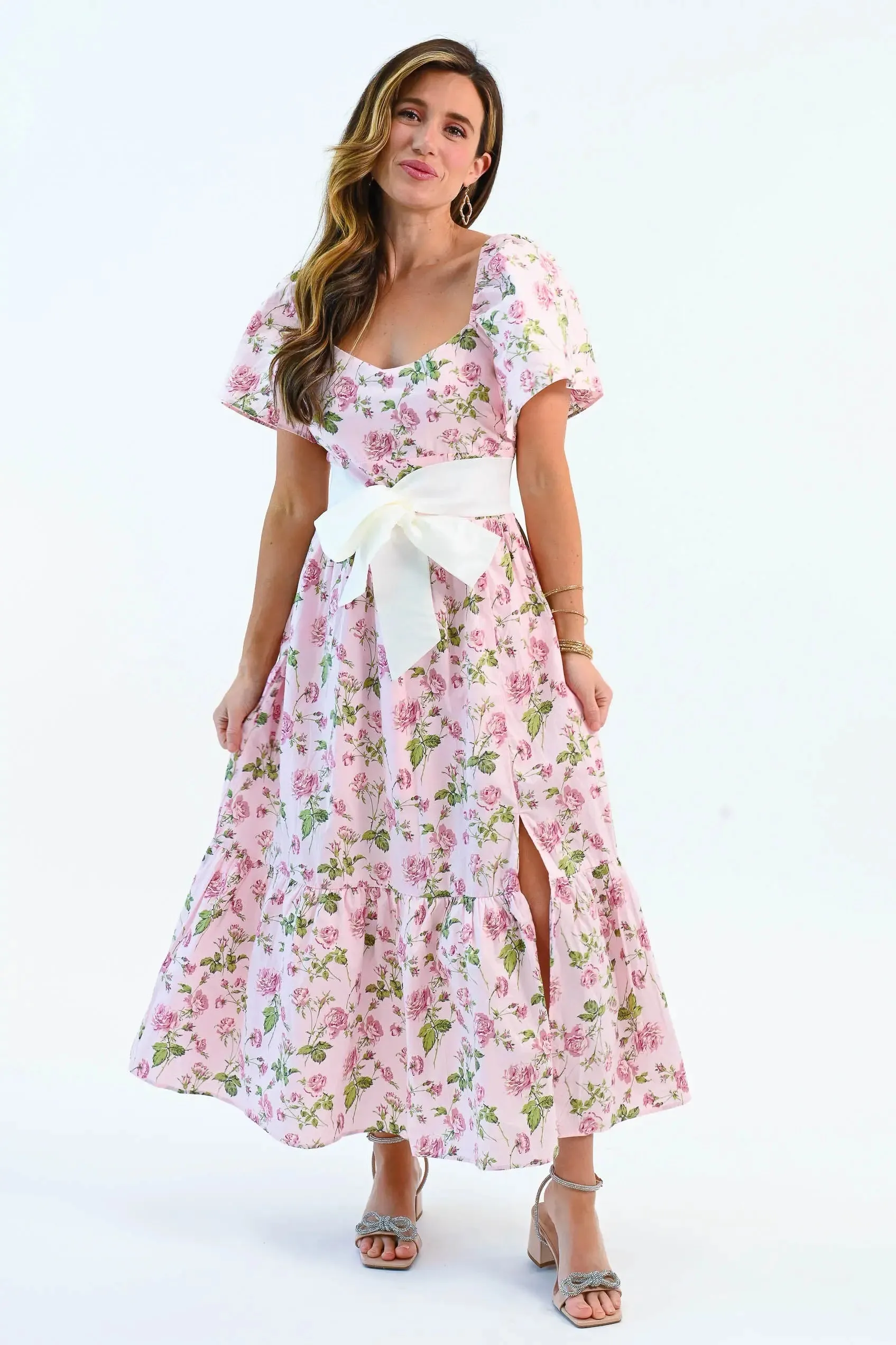 Sending You Love Bow Belt Floral Flutter Sleeve Dress