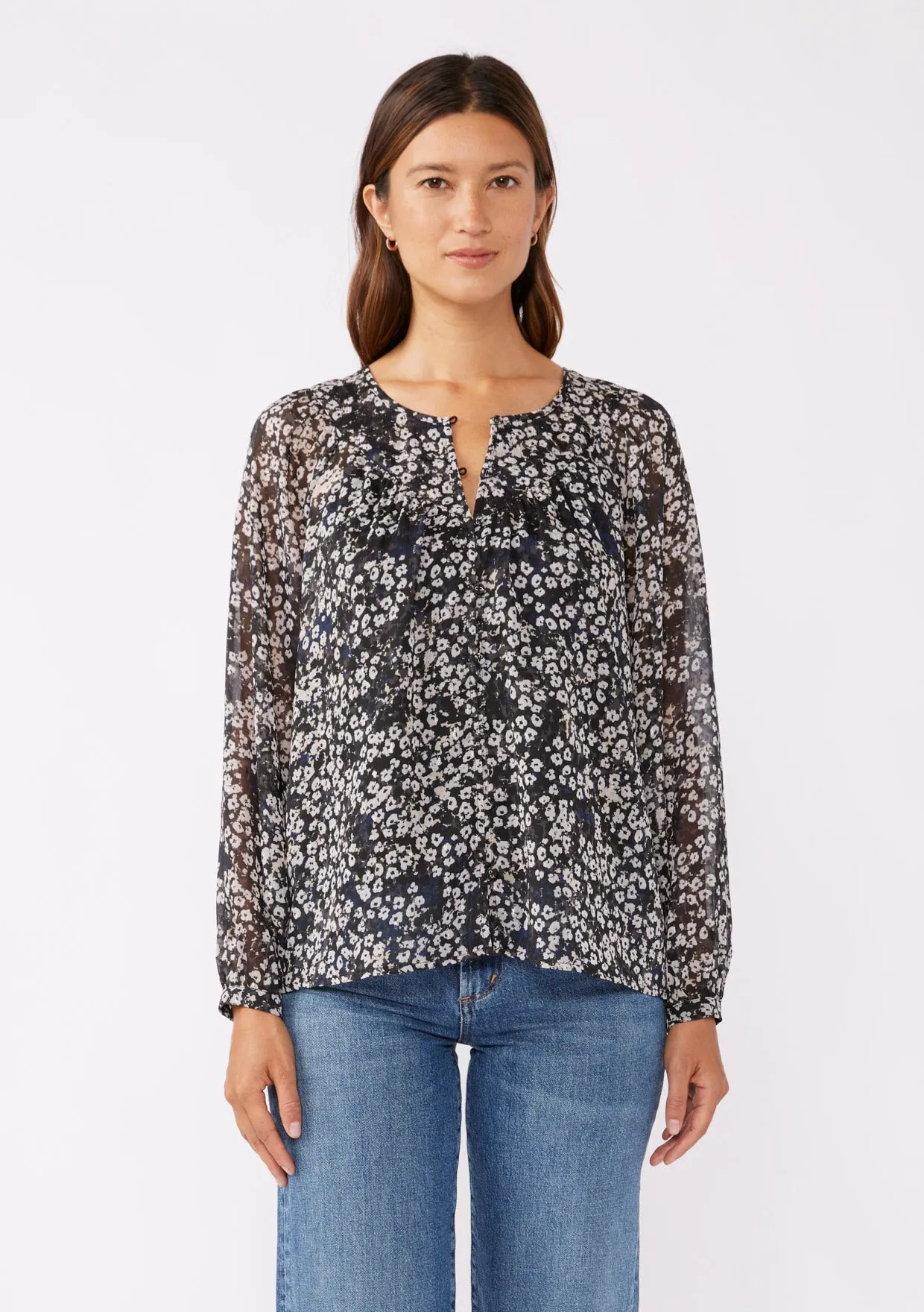 Shirred Yoke Button-Down Blouse
