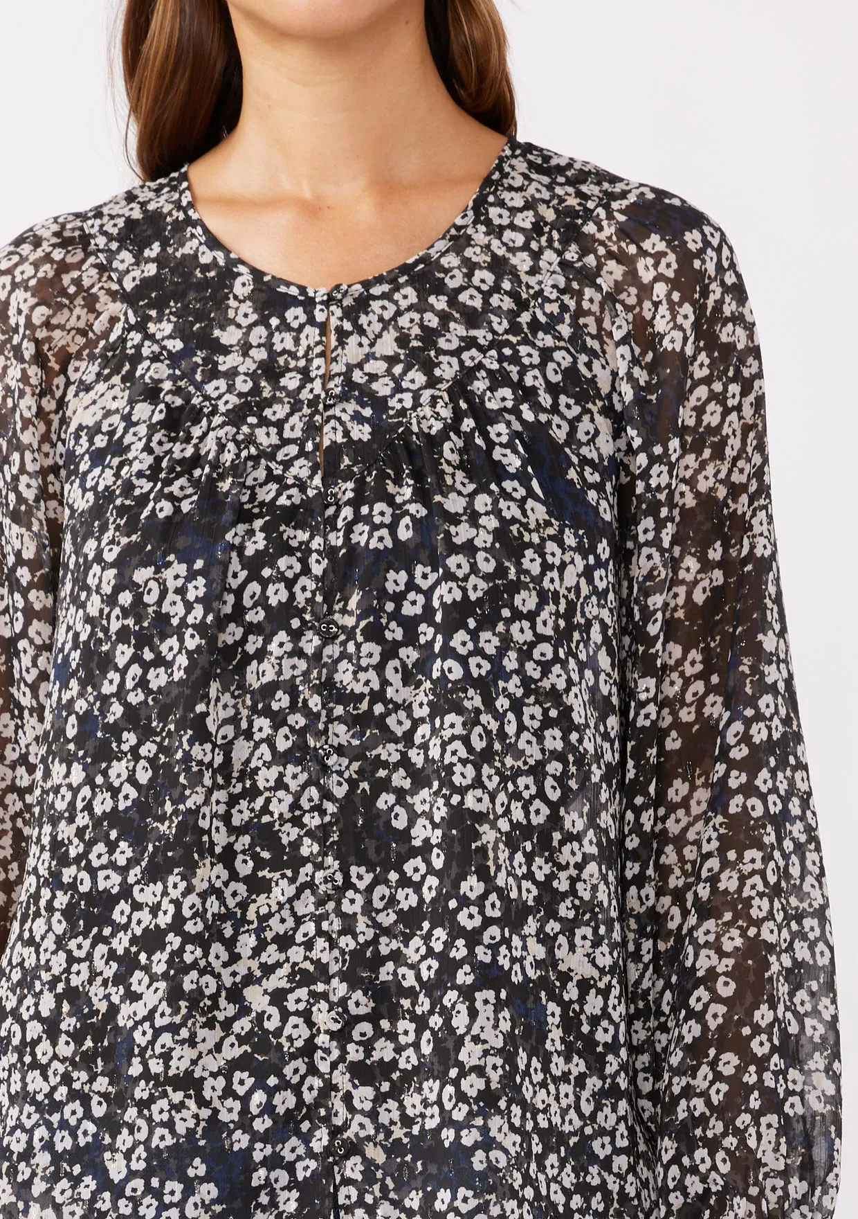 Shirred Yoke Button-Down Blouse