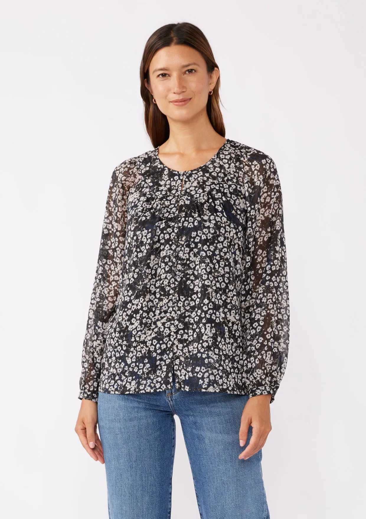 Shirred Yoke Button-Down Blouse