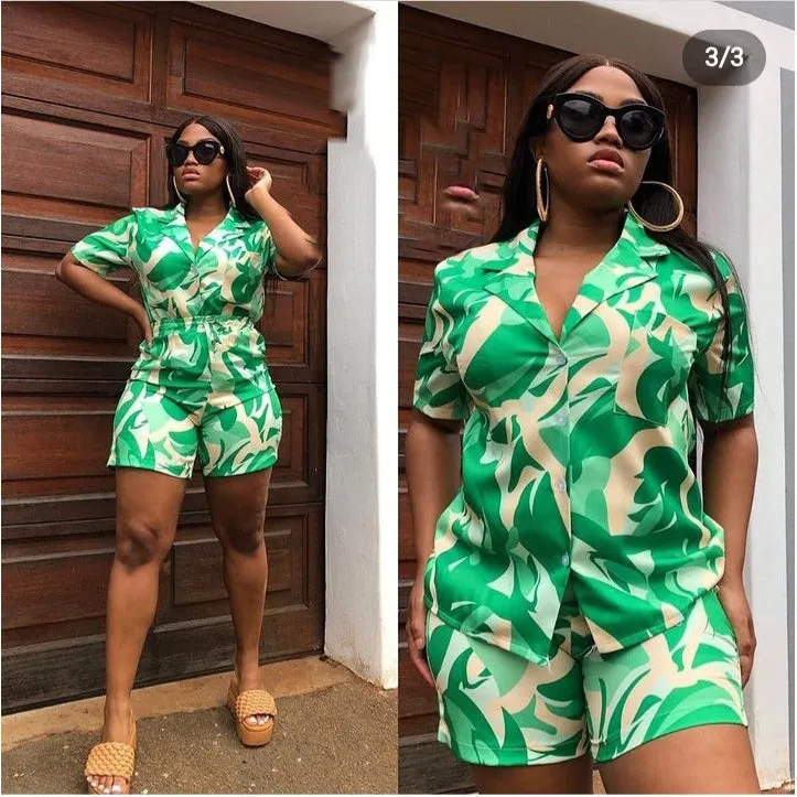 Sleeve Shirts with Elastic Waist Shorts Set