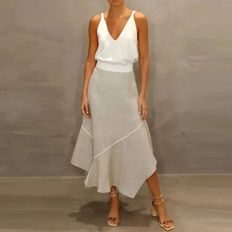 UAKISS  -  2024 Spring Fashion Two Piece Sets Women Sexy V Neck Sling Top and Irregular A-Line Skirts Outfits Summer Sleeveless Hollow Suit