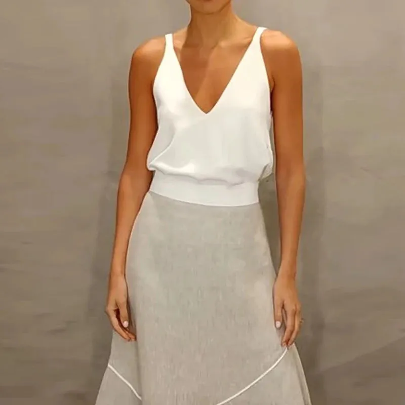 UAKISS  -  2024 Spring Fashion Two Piece Sets Women Sexy V Neck Sling Top and Irregular A-Line Skirts Outfits Summer Sleeveless Hollow Suit