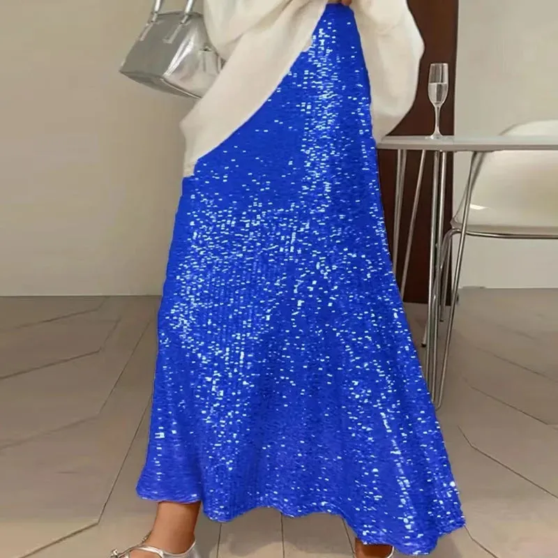 UAKISS  -  2024 Spring Glitter Sequin Shiny Women Skirts Elegant High Waist Slim A-Line Long Skirt New Summer Sexy Streetwear Ladies Skirts