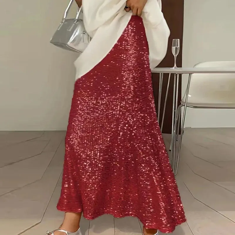 UAKISS  -  2024 Spring Glitter Sequin Shiny Women Skirts Elegant High Waist Slim A-Line Long Skirt New Summer Sexy Streetwear Ladies Skirts