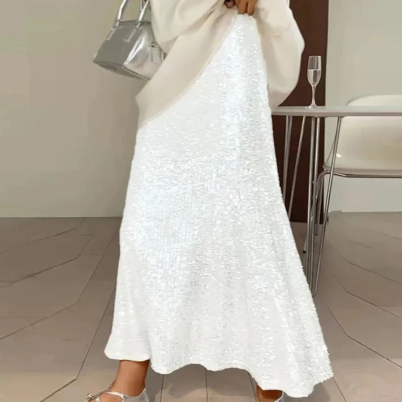 UAKISS  -  2024 Spring Glitter Sequin Shiny Women Skirts Elegant High Waist Slim A-Line Long Skirt New Summer Sexy Streetwear Ladies Skirts
