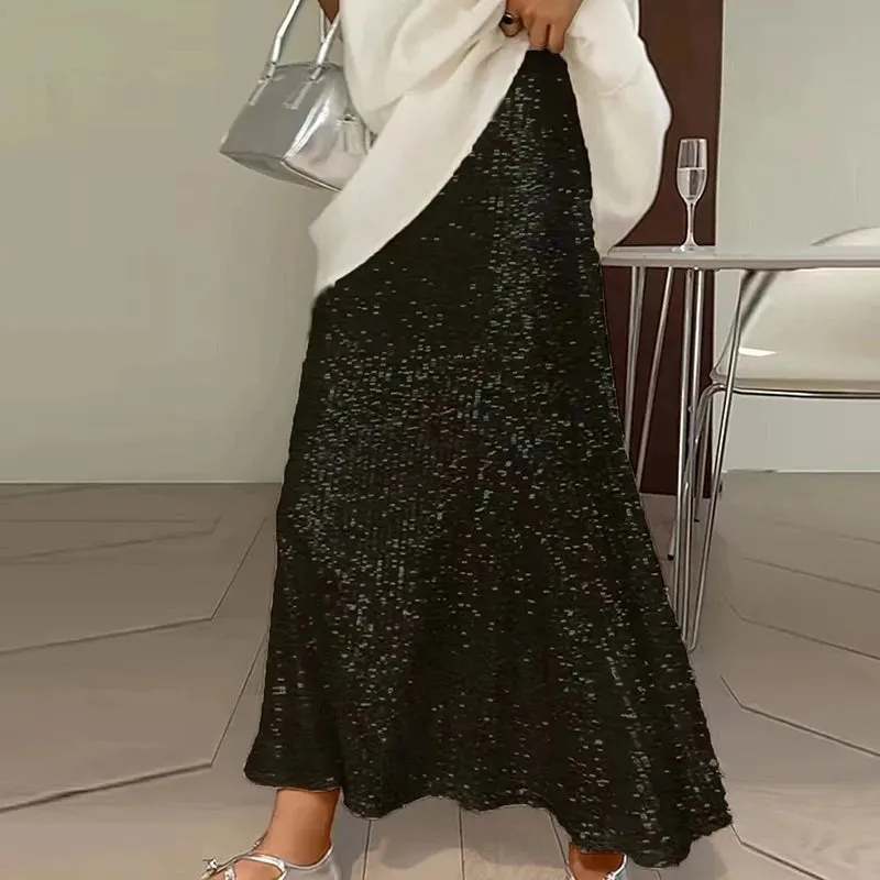 UAKISS  -  2024 Spring Glitter Sequin Shiny Women Skirts Elegant High Waist Slim A-Line Long Skirt New Summer Sexy Streetwear Ladies Skirts