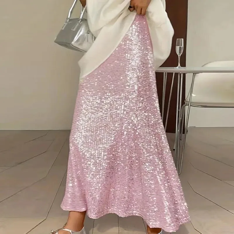 UAKISS  -  2024 Spring Glitter Sequin Shiny Women Skirts Elegant High Waist Slim A-Line Long Skirt New Summer Sexy Streetwear Ladies Skirts