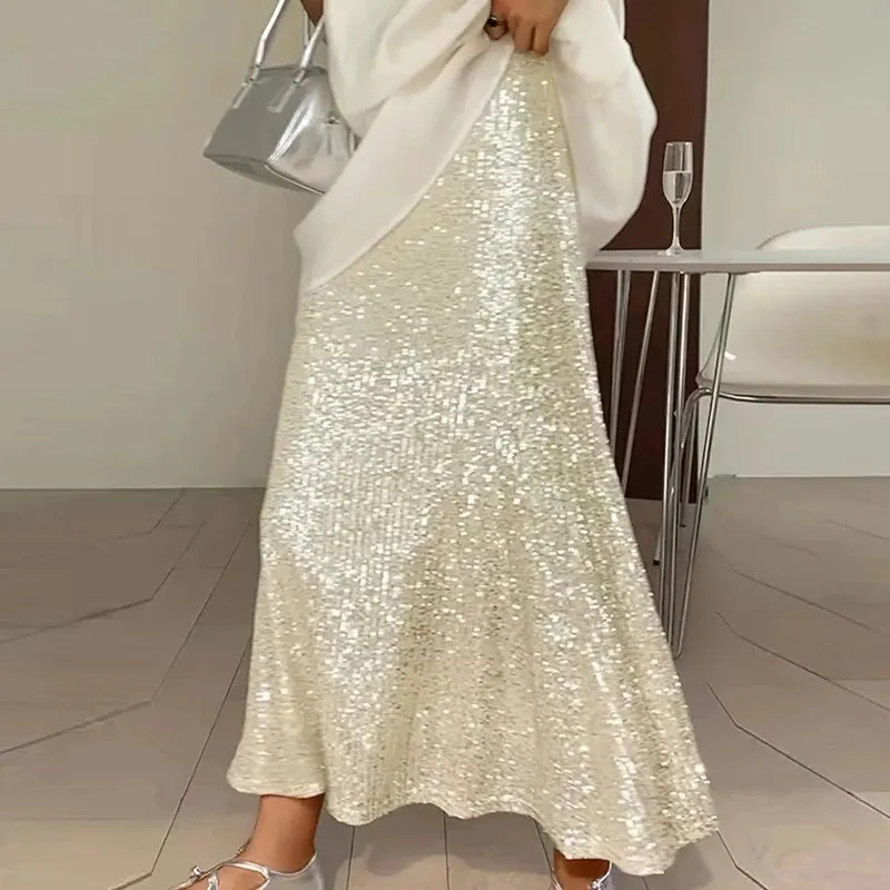 UAKISS  -  2024 Spring Glitter Sequin Shiny Women Skirts Elegant High Waist Slim A-Line Long Skirt New Summer Sexy Streetwear Ladies Skirts